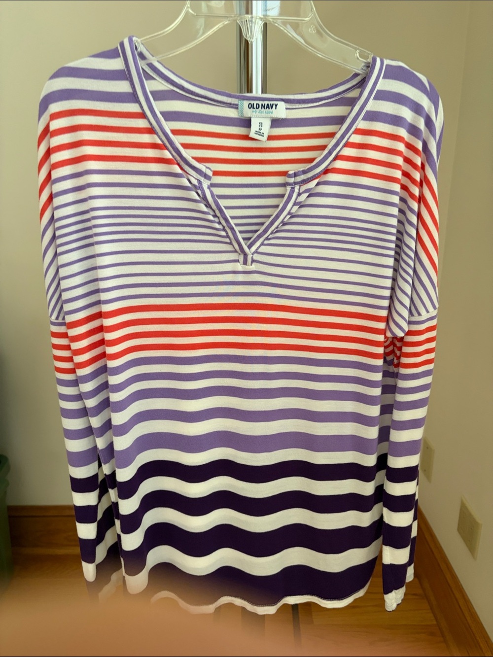 Old Navy Purple, White & Coral Striped V-Notch Long Sleeve Top
